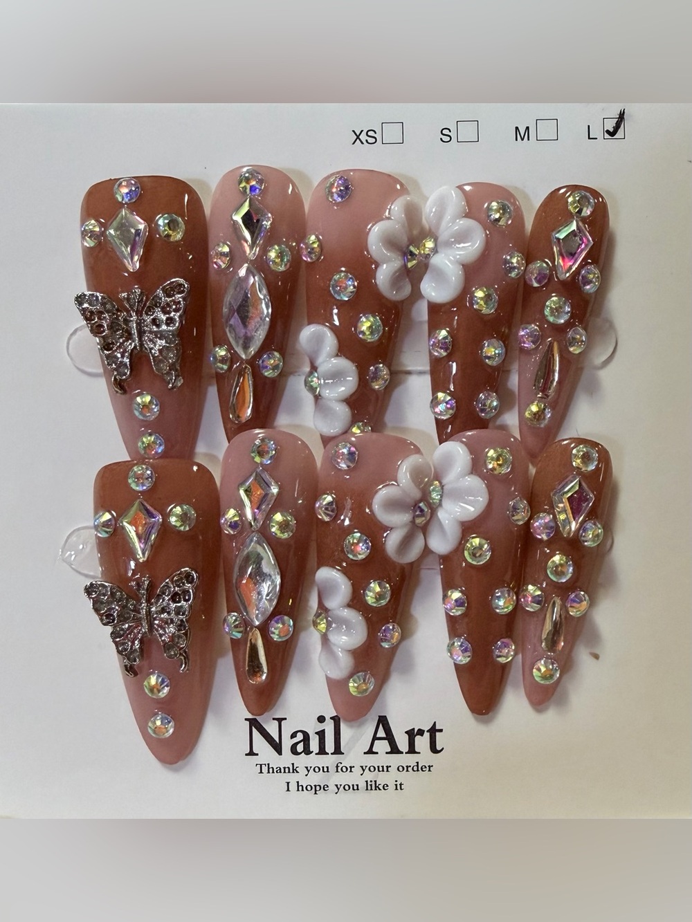 Long Brown Floral 3D Rhinestone Press-On Nails - Brown Pink Accent